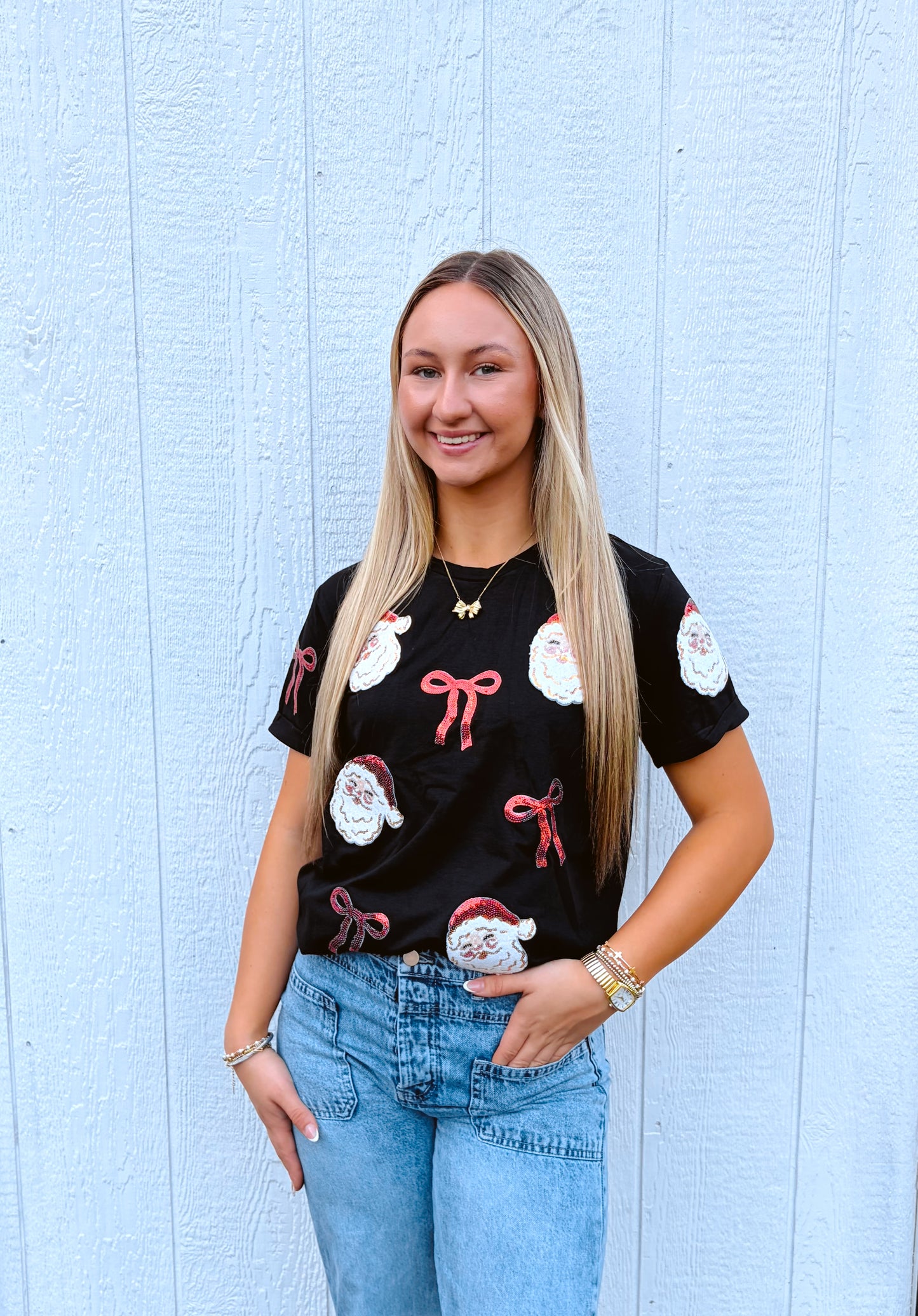 Bow Santa Sequins Top-DEALS