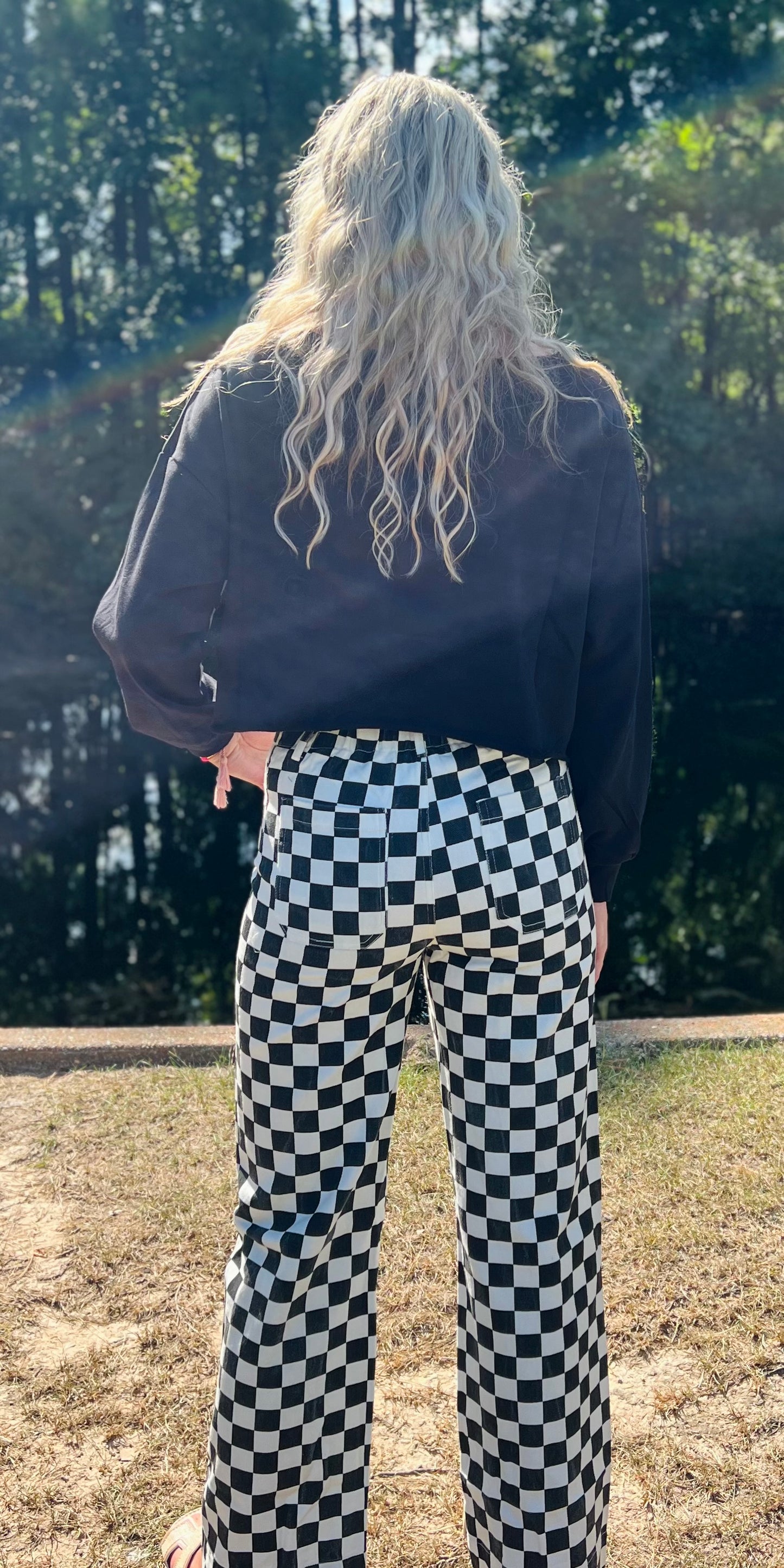 Checkin' Me Out Checkered Denim Pants-DEALS