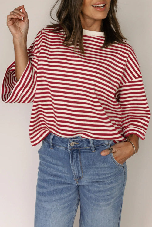 Red Stripe Bowknot Cutout Back Drop Shoulder Wide Sleeve Loose Tee RTS