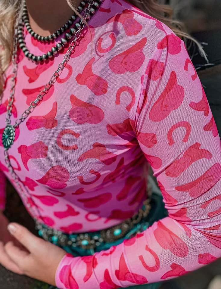 Plus Size Pink Cowgirl Mesh Top🪩