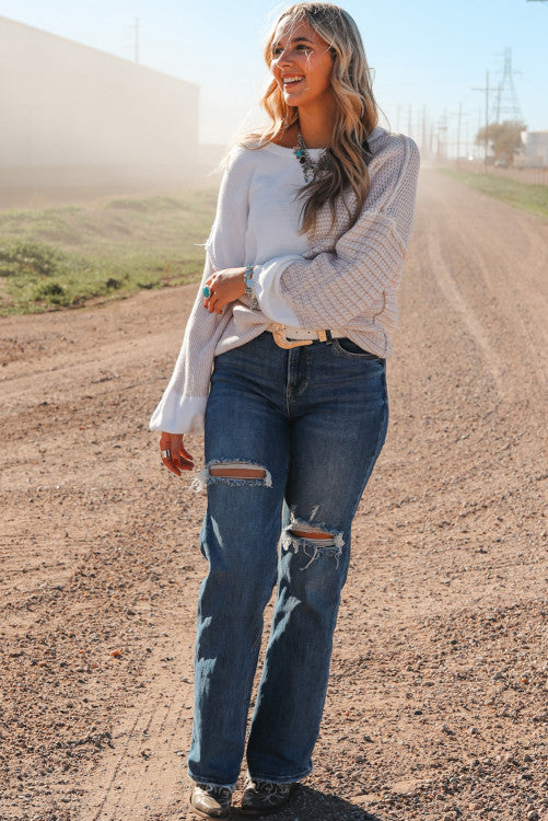 Oatmeal Color Block Tie Long Sleeve- PC