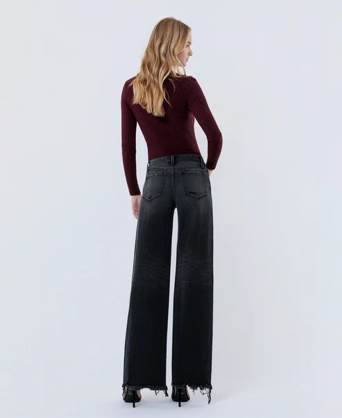 Vevet Mid Rise Distressed Hem Wide Leg Jeans