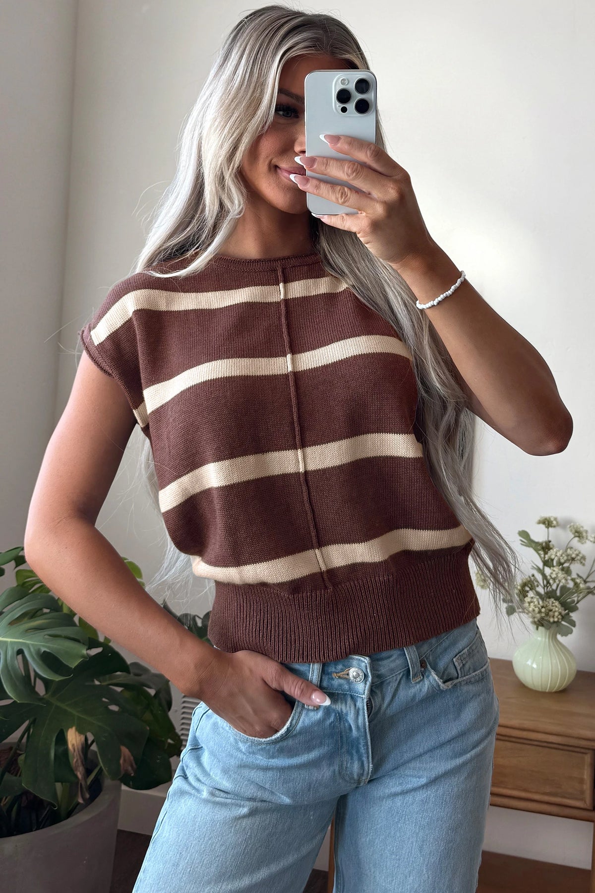 Brown Stripe Knit Short Sleeve Sweater