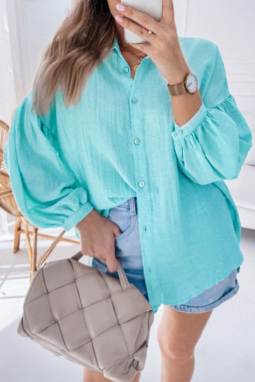 Ice Blue Puff Sleeve Button Up•