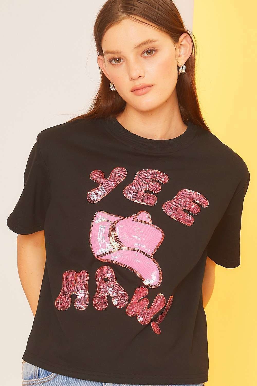 Half Sleeve Sequins Yee Haw Shirt-PO