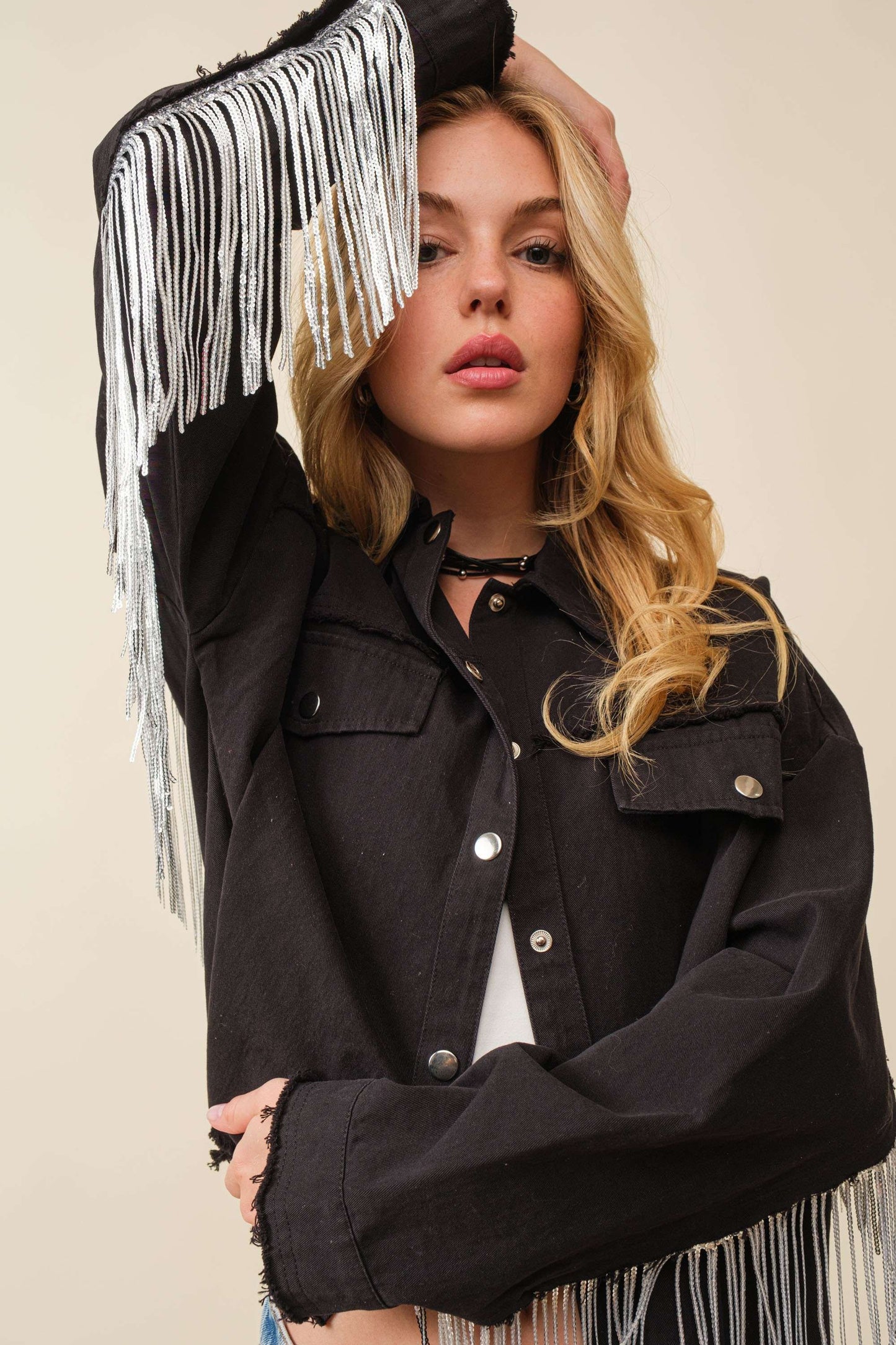 HOWDY Sequin Fringe Denim Jacket-PO