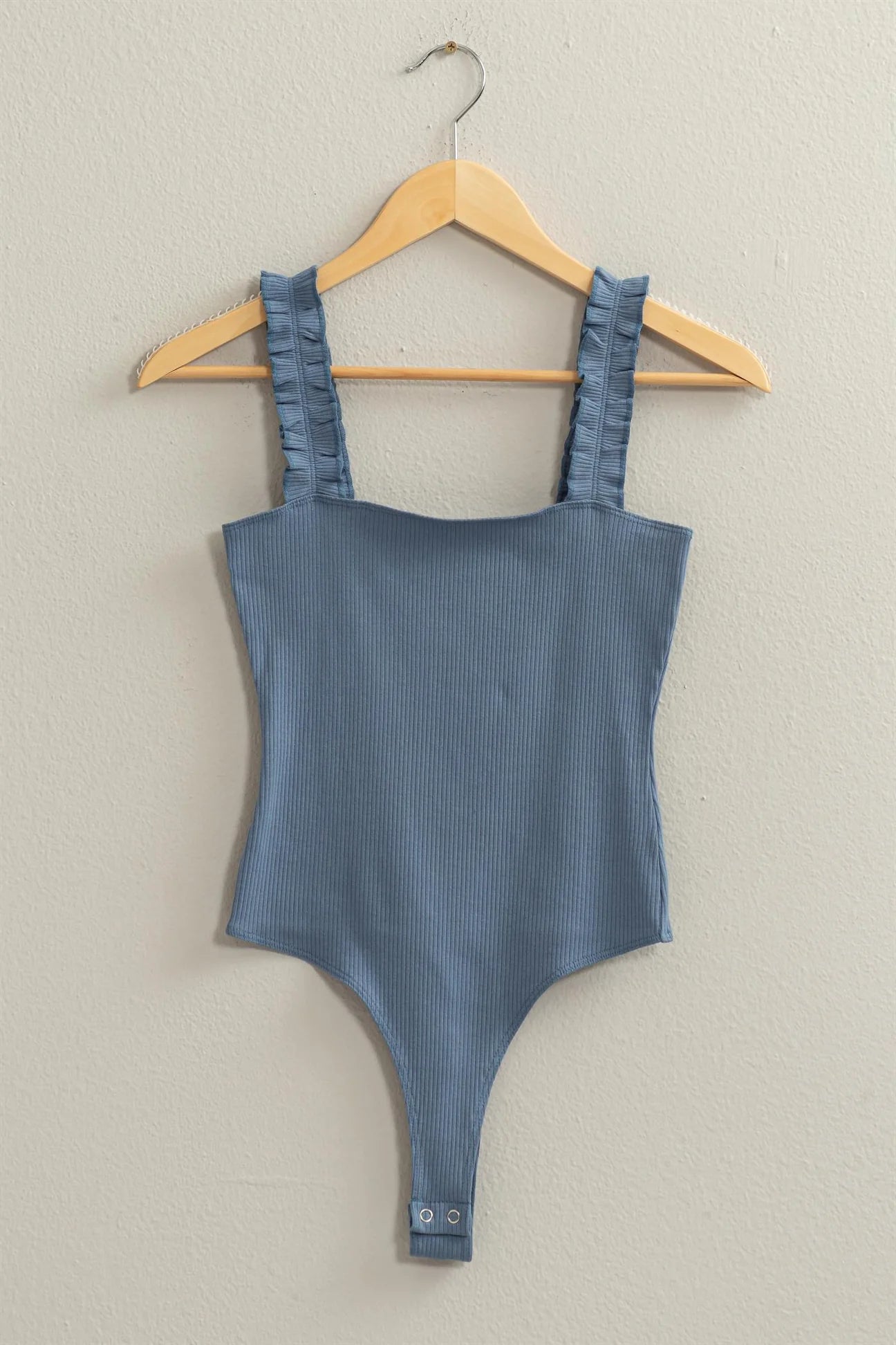 Denim Ruffle Ribbed Bodysuit- DEALS