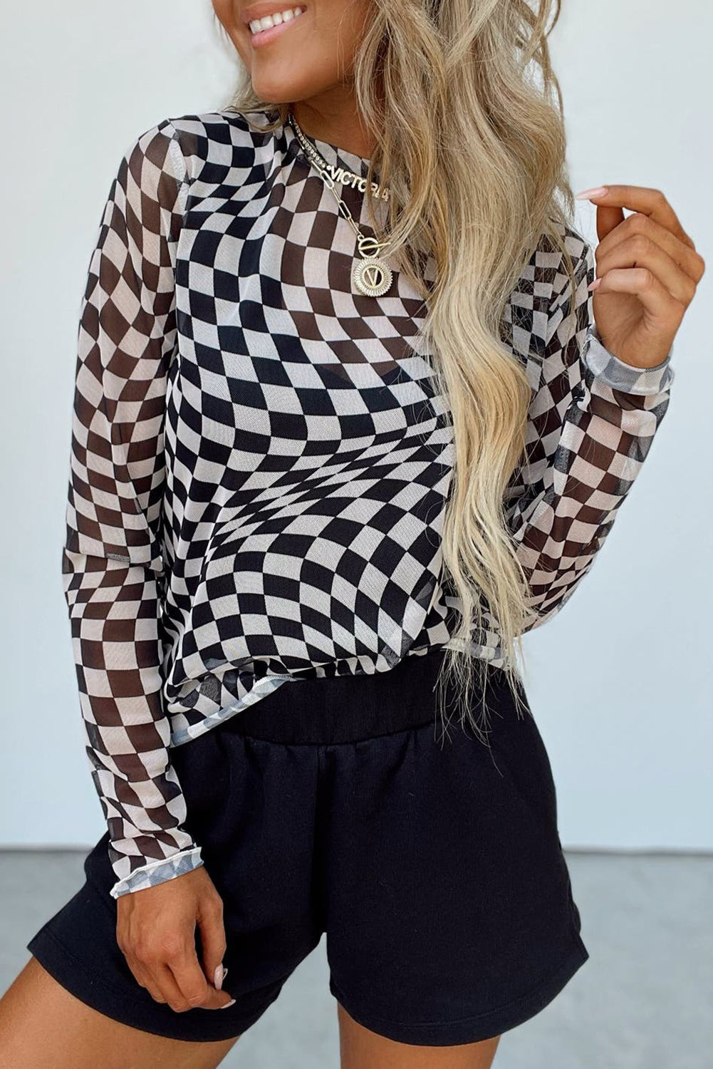 Black and White Checkered Mesh Top-DEALS