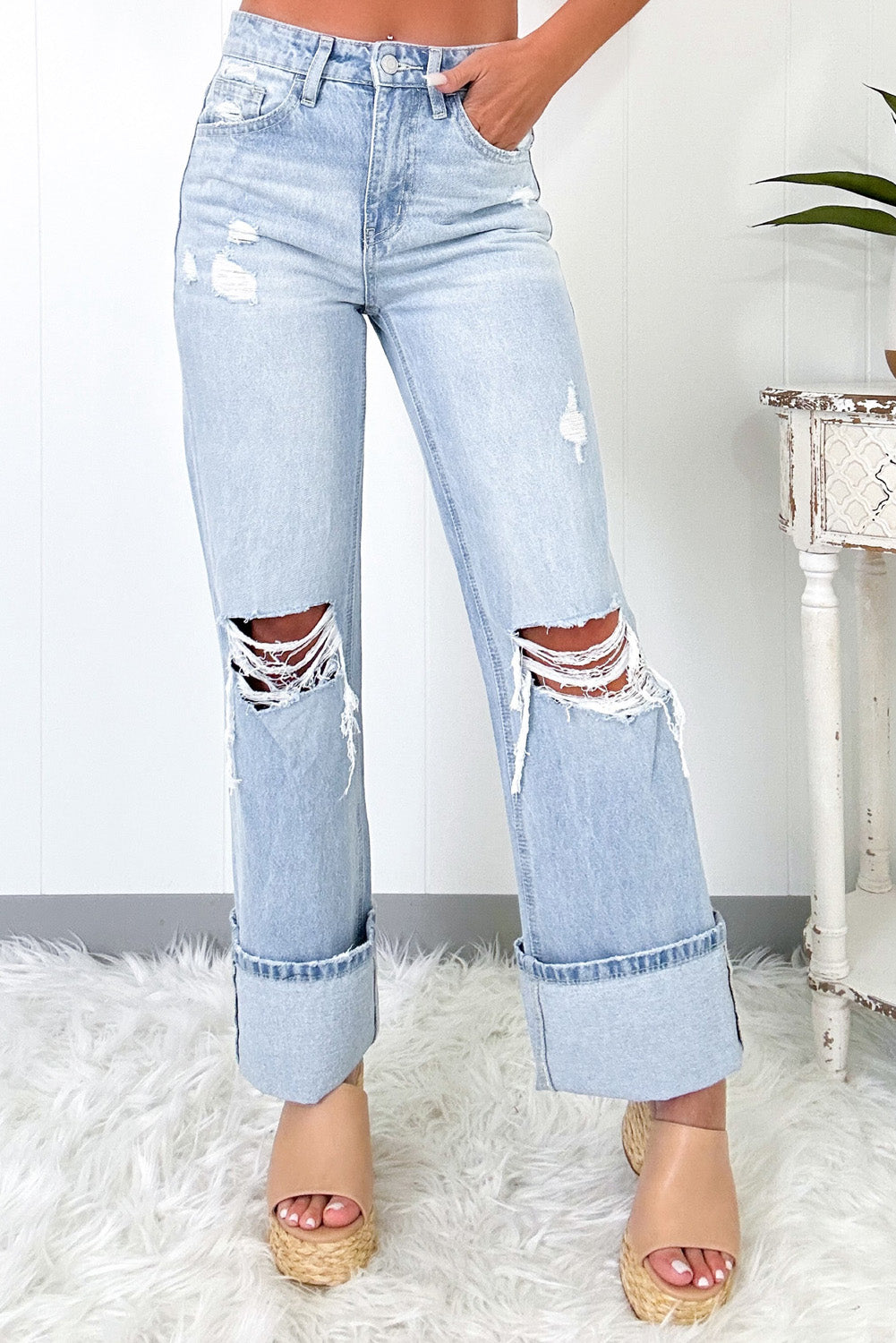 Light Wash Distressed Cuff Denim-DEALS