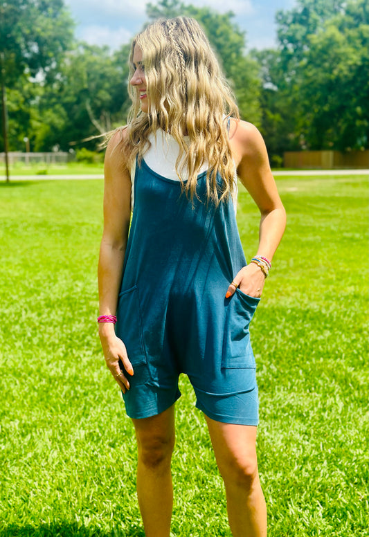 Teal Mineral Wash Cami Romper-DEALS