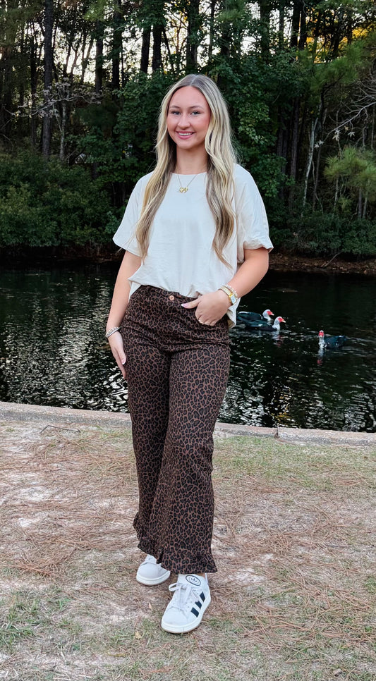 Leopard Flowy Denim Pants-DEALS