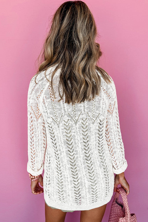 White Open Knit Cardigan•