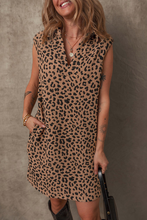 Khaki Leopard Sleeveless Collared Mini Dress-PO