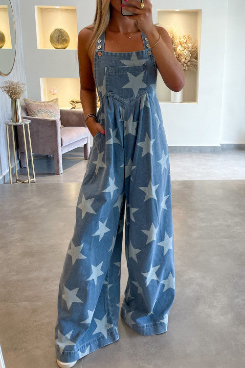 Star Gaze Wide Leg Denim Romper-PO