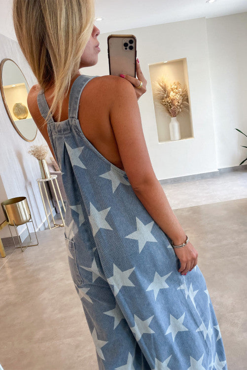 Star Gaze Wide Leg Denim Romper-PO