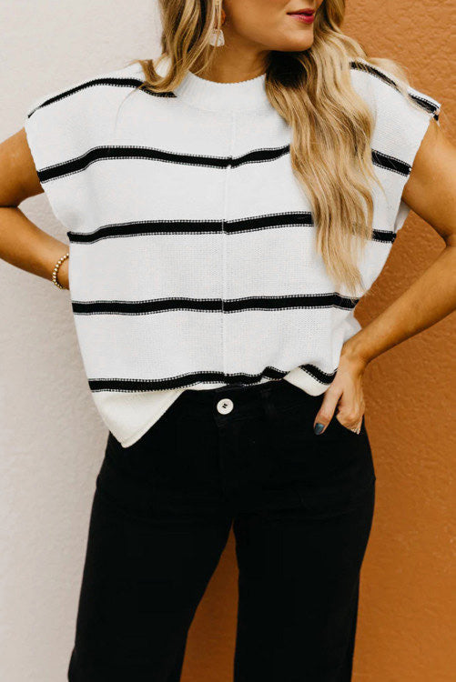 White Striped Batwing Sweater Top •