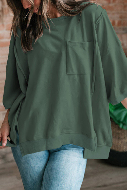 Exposed Hem Olive Pocket Tee•