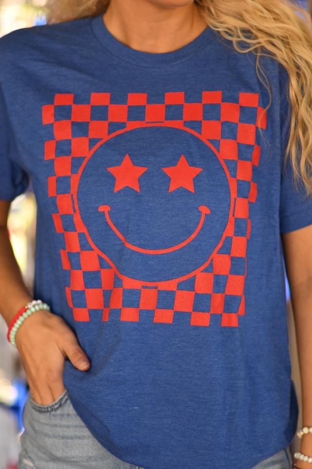 Smiley Checkered Patriotic Tee-DEALS