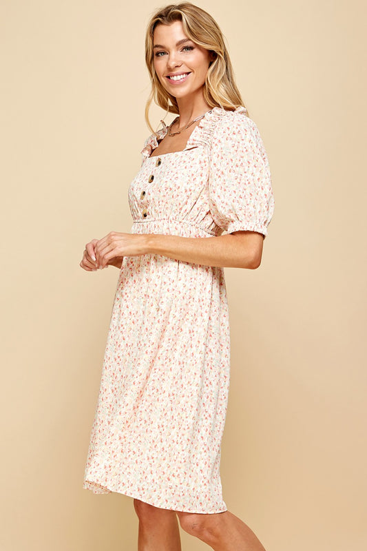 Ditsy Print Balloon Sleeve Dress-DEALS