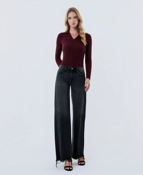 Vevet Mid Rise Distressed Hem Wide Leg Jeans