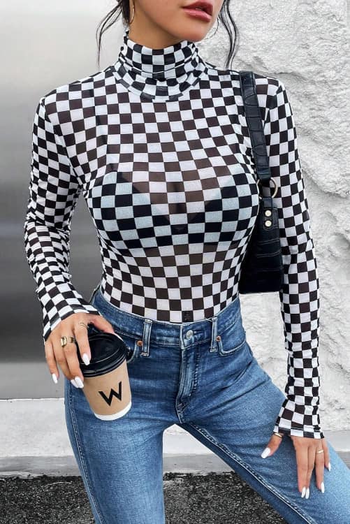 Checkered Mesh Bodysuit-DEALS