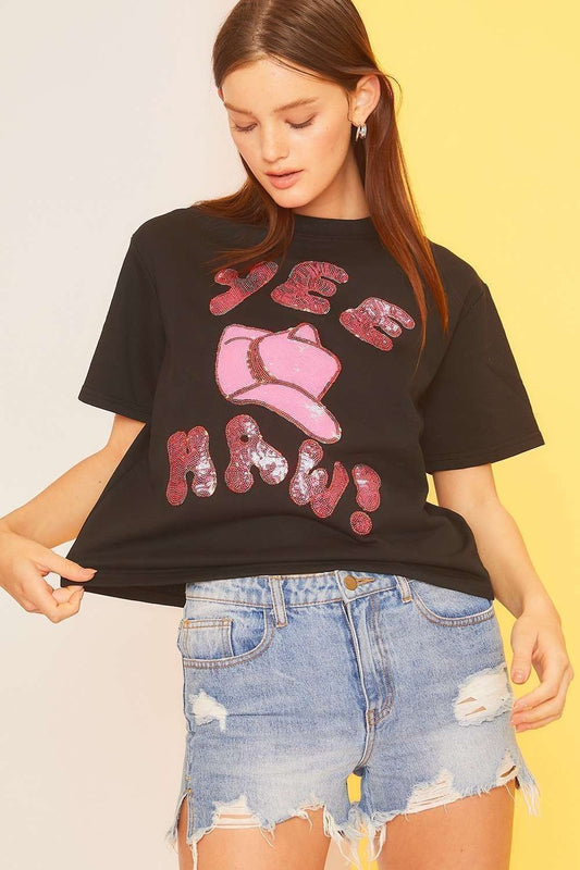 Half Sleeve Sequins Yee Haw Shirt-PO