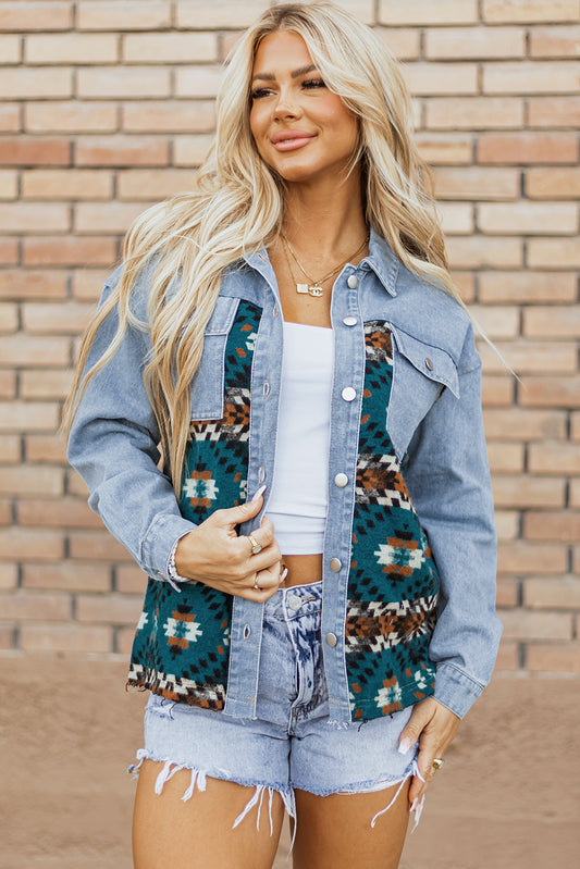 Teal Aztec Denim Shacket-PO