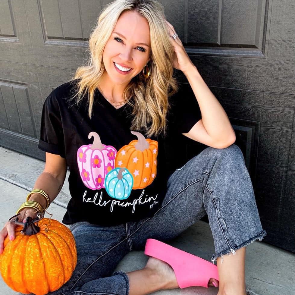 Hello Pumpkin V-Neck Tee-DEALS